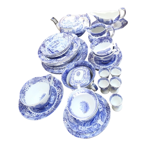 719 - Spode Italian pattern breakfast cups and saucers, matching jug, teapot, plates etc