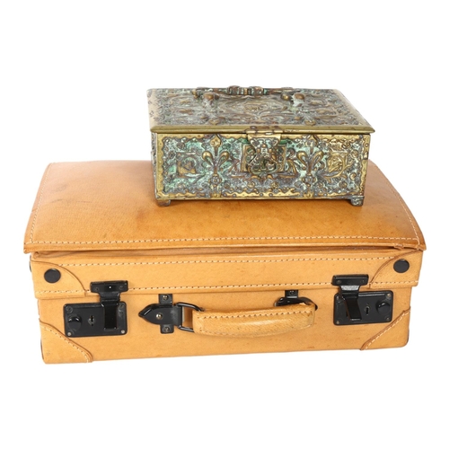 720 - A Giovanni leather case, L35cm, and a cast-brass jewel box with carrying handle