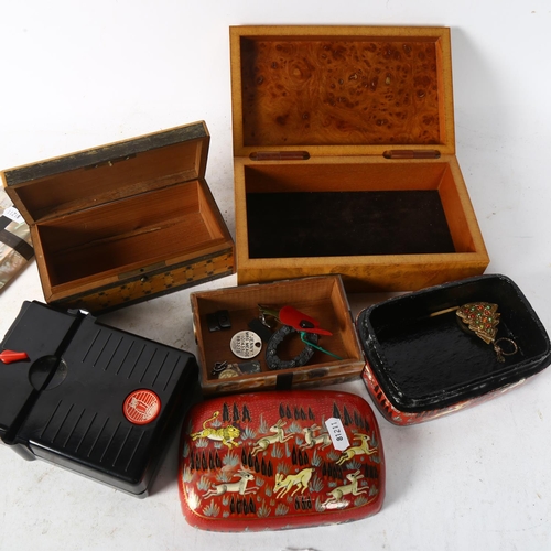 724 - A fruitwood box, 21.5cm, a mother-of-pearl inlaid box, 2 others and a stereo viewer, etc