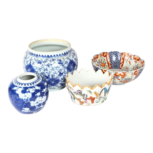 734 - A Chinese blue and white jardiniere, H17.5cm, Imari bowl, ginger jar, and a pot decorated with butte... 