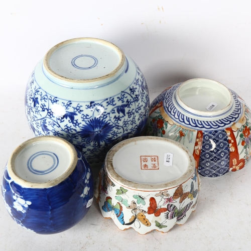 734 - A Chinese blue and white jardiniere, H17.5cm, Imari bowl, ginger jar, and a pot decorated with butte... 