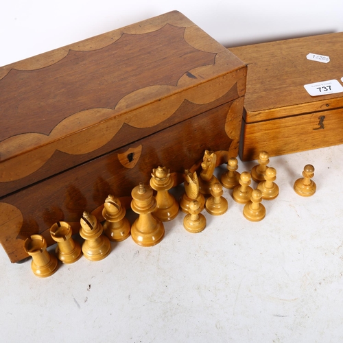 737 - 2 inlaid boxes, and a boxed chess set, King height 7cm