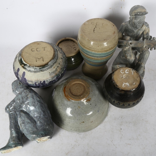 743 - A group of Studio pottery signed CCT, and a carved soapstone figure, H21cm etc