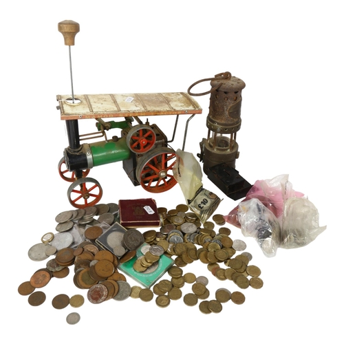 745 - A stationary steam engine, a Welsh Thomas & Williams miner's lamp, 21cm, and a collection of British... 