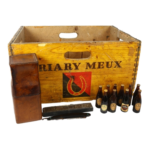 750 - A Friary Meux advertising beer crate, a leather box and cover, a cut-throat razor, and miniature Gui... 