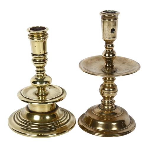 761 - 2 early single Antique candlesticks with drip pans, tallest 18cm