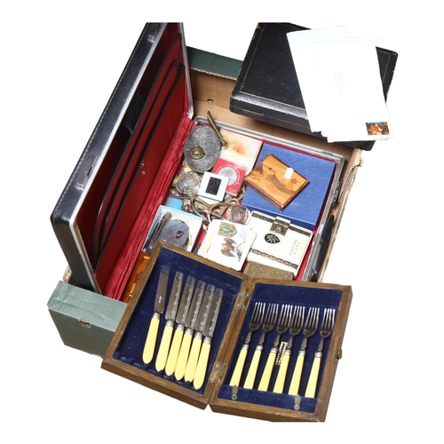 764 - Cased fish cutlery, suitcase, stamps, boxes, briefcase etc (boxful)