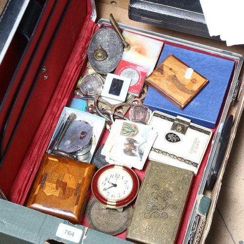 764 - Cased fish cutlery, suitcase, stamps, boxes, briefcase etc (boxful)