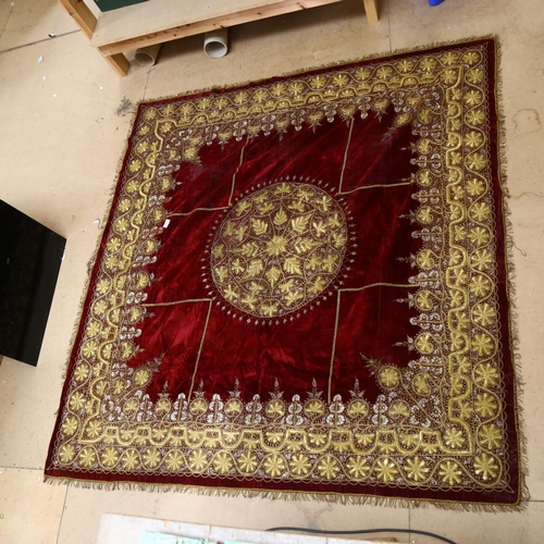 771 - Ornate gold and silver wirework on red velvet throw, with floral design, 177cm x 164cm