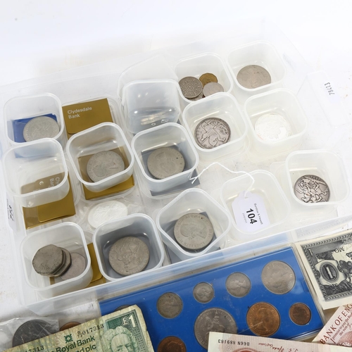 773 - A cased set of British pre-decimal coinage and other coins, and various banknotes, and 2 Victorian c... 