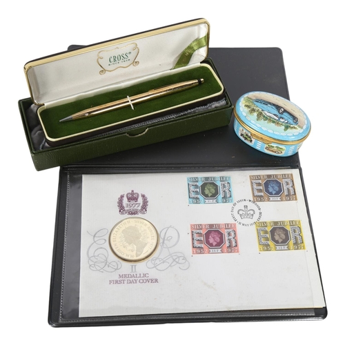 774 - An Elizabeth II 1977 silver-gilt medallic First Day Cover coin and stamps, in original case, a Cross... 