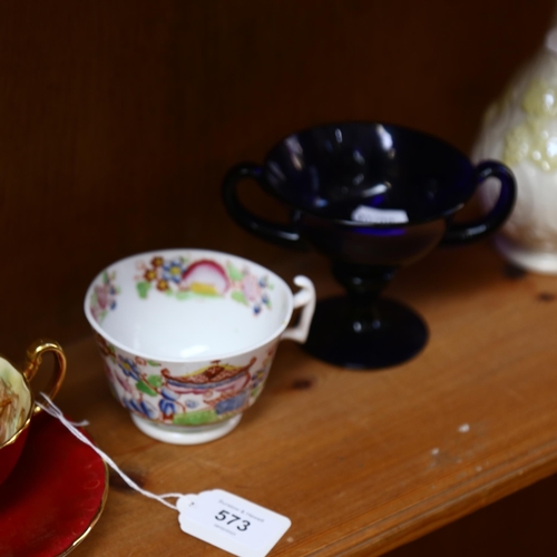 573 - Belleek cup saucer and plate and a vase, Ainsley cup and saucer with painted fruit etc