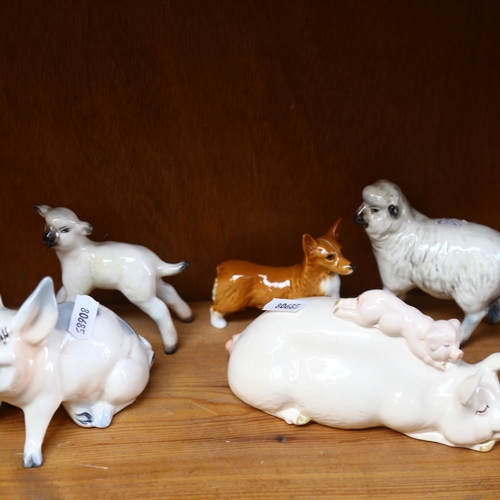 578 - A group of Beswick animals, including a pig and piglets, sheep and lamb etc