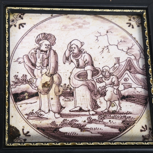 579 - A group of 3 framed Dutch Delft manganese tiles, H16.5cm overall