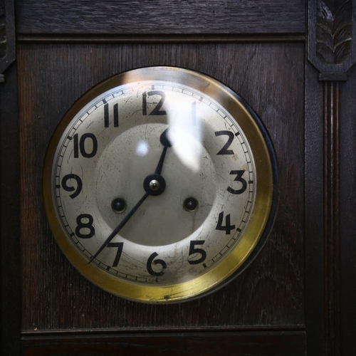 605 - A Vintage oak-cased 8-day drop-dial wall clock, silvered dial with Arabic numerals, case height 70cm... 