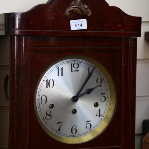 614 - A stained wood-cased wall clock, with bevelled-glass panels, H69cm