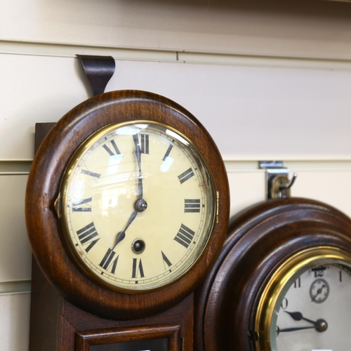 618 - An oak-framed bulkhead clock, 21cm, and a small Vintage German oak-cased drop-dial wall clock, with ... 