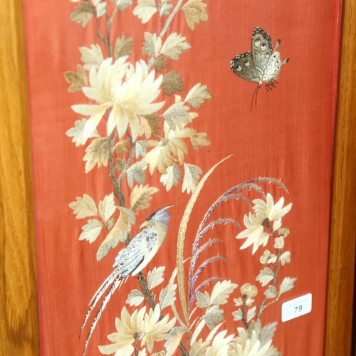 628 - A pair of Oriental framed embroidered picture depicting butterflies birds and blossom, 104 x 40cm ov... 