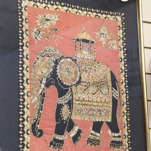 630 - A framed Eastern embroidered fabric panel, with gilded decoration depicting a caparisoned elephant, ... 