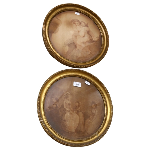 633 - A pair of Victorian monochrome stipple engravings, in circular giltwood frames, see verso, 36cm diam... 