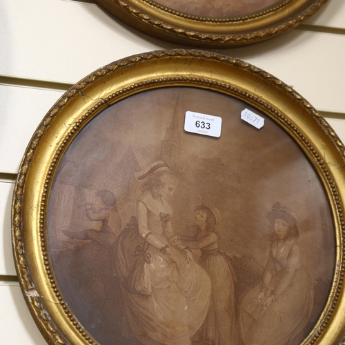 633 - A pair of Victorian monochrome stipple engravings, in circular giltwood frames, see verso, 36cm diam... 