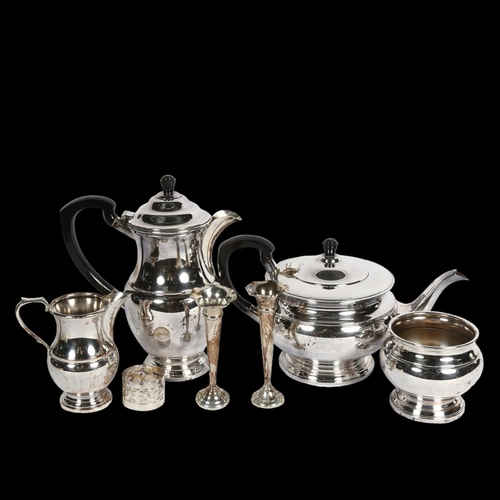 903 - A pair of small silver bud vases, and a 4-piece silver plate on copper tea and coffee set