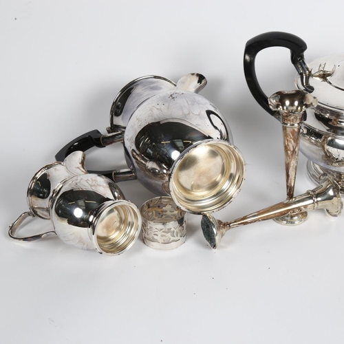 903 - A pair of small silver bud vases, and a 4-piece silver plate on copper tea and coffee set