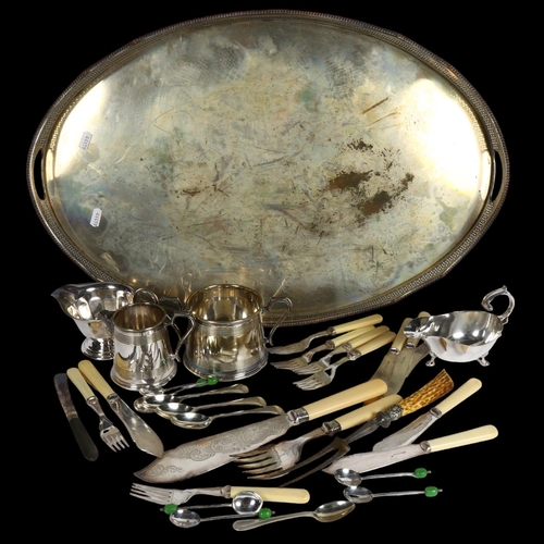 908 - An oval silver plate on copper galleried tea tray, fish cutlery, various plated ware