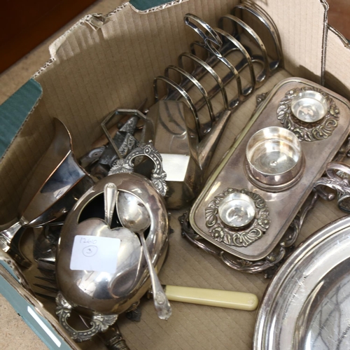 931 - Various plated cutlery, spoon warmer, desk stand etc (boxful)