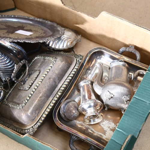 935 - Silver plate spirit kettle on burner stand, tureens, salver etc (boxful)