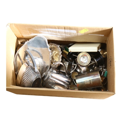 938 - Plated teaware, tankard, serving tray, trophies etc (boxful)