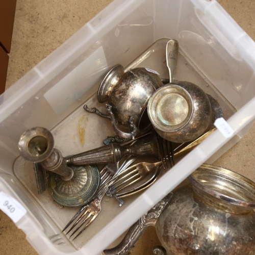 940 - Silver plated serving jug, candlesticks etc