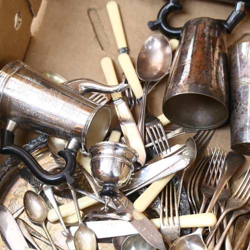 942 - Mixed plated cutlery, spirit kettle (no stand), goblets etc (boxful)