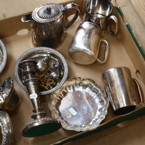 947 - A pair of silver plate on copper candlesticks, plated tankards, wine coasters, etc (boxful)