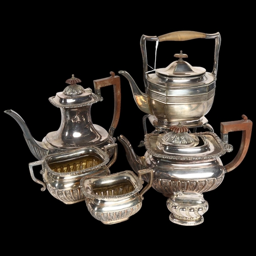 952 - A silver plated 4-piece tea and coffee set of half fluted form, a spirit kettle on stand, and a Rons... 