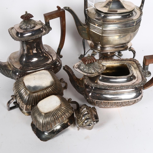 952 - A silver plated 4-piece tea and coffee set of half fluted form, a spirit kettle on stand, and a Rons... 