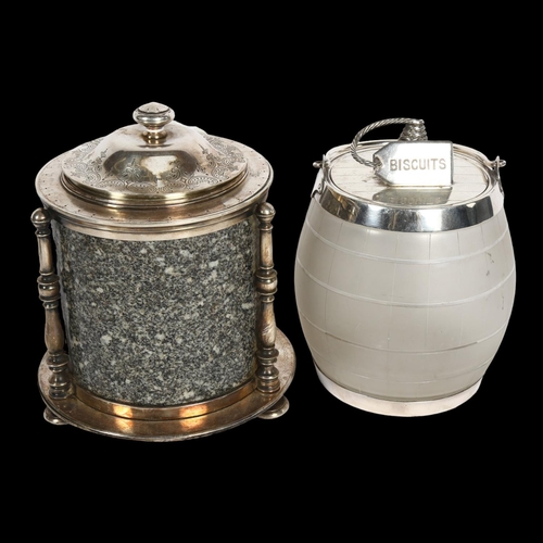 955 - A Victorian granite and electroplate biscuit barrel, height 20cm, and an etched glass and electropla... 