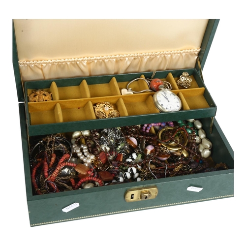 960 - A jewellery box and various mixed costume jewellery, top-wind pocket watch etc