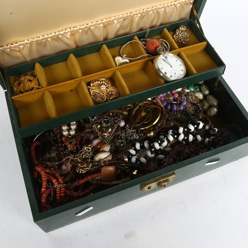 960 - A jewellery box and various mixed costume jewellery, top-wind pocket watch etc