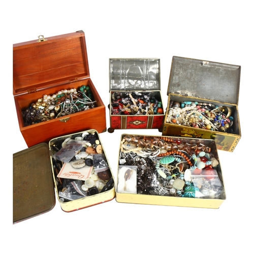 966 - 4 Vintage tins full of mixed costume jewellery, and another (5)