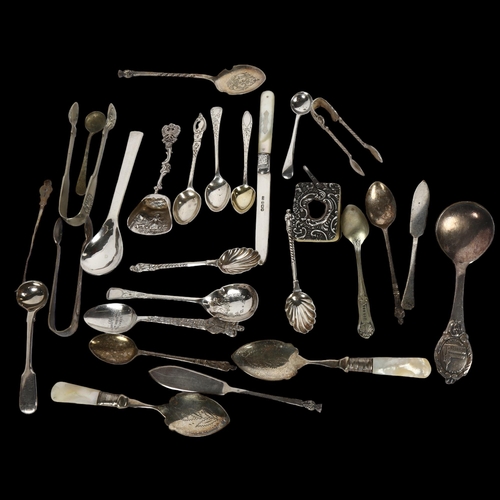 1000 - A group of various silver teaspoons, caddy spoons, silver-bladed knife, and various plated spoons