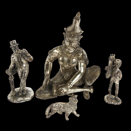 1002 - 2 white metal figures, study of a man and a boy, and a Collie dog, and a brass and white clad Buddha... 