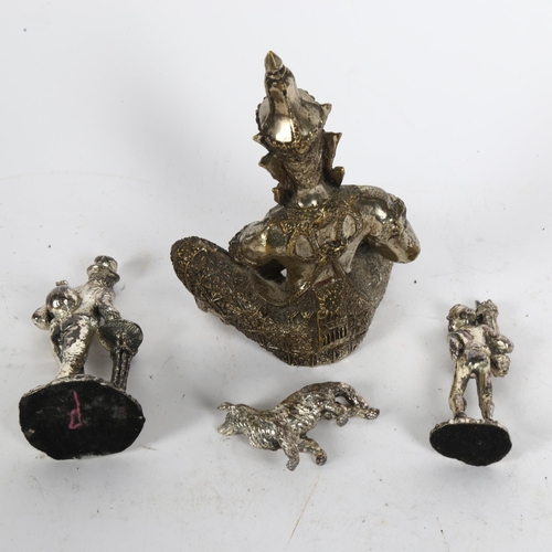 1002 - 2 white metal figures, study of a man and a boy, and a Collie dog, and a brass and white clad Buddha... 