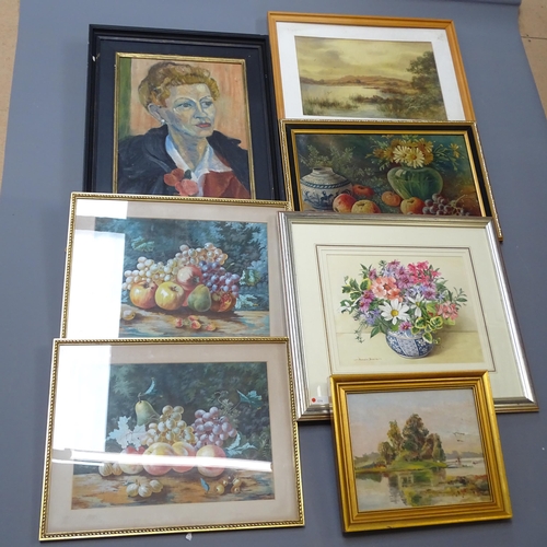 2935 - A group of assorted pictures and prints, including various oils on canvas, oil on board, watercolour... 