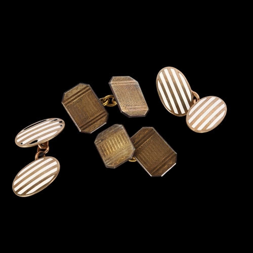 1015 - A pair of 9ct gold and white enamel oval cufflinks, and a pair of 9ct gold on silver cufflinks