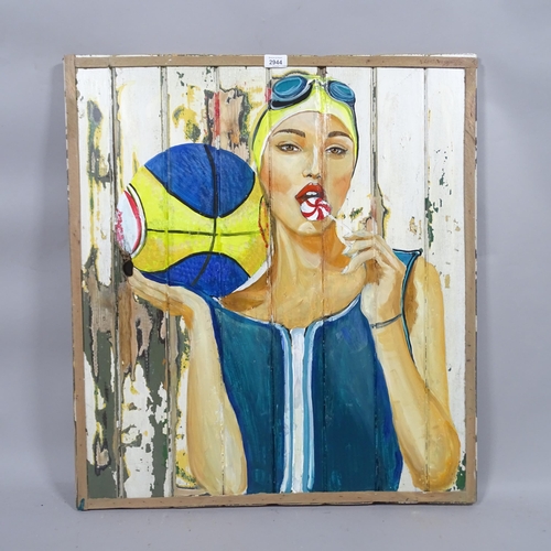 2944 - Clive Fredriksson, oil on reclaimed wood, netball girl, 77cm x 69cm, unframed