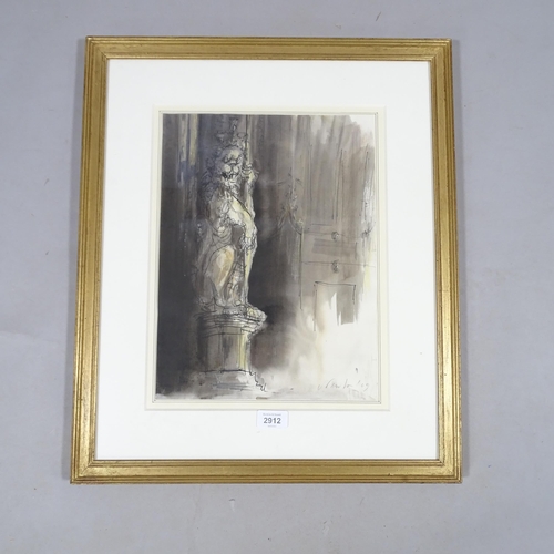 2912 - Trevor Newton, heraldic lion statue, watercolour/ink, signed and dated '09, 37cm x 27cm, framed