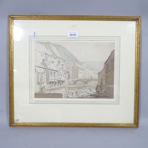 2918 - Miss F Duncombe, Continental riverside buildings, sepia watercolour, 20cm x 28cm, framed