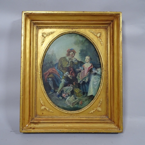 2921 - Oil on board, an 18th century couple, unsigned, in a gilt frame, 56cm x 47cm