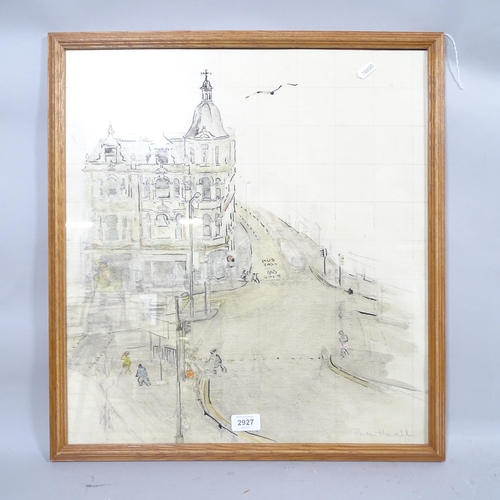 2927 - Dean Howell (born 1946), building on Hastings seafront, ink/watercolour, signed, 52cm x 47cm, framed